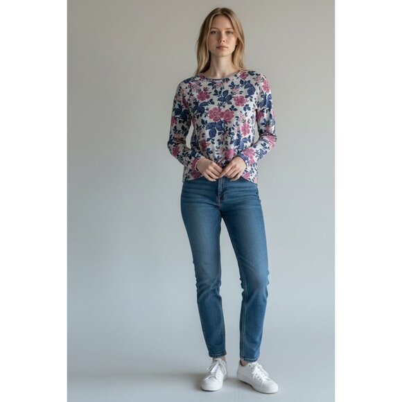 LOFT Tops - Loft Womens S Pink Blue Floral Crew Neck Cotton Long Sleeve Pullover Sweatshirt